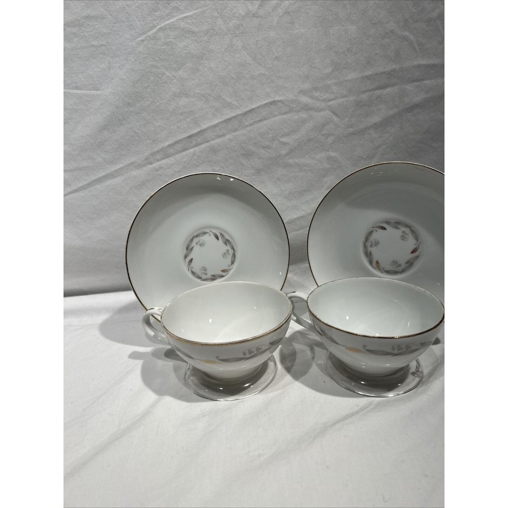 Kaysons Fine‎ China Golden Fantasy Set of 2 Teacup And Saucers White Gold Trim